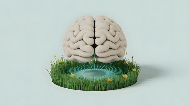 A surreal miniature landscape featuring a human brain resting atop a grassy island with a glowing blue pool - Powered by Adobe