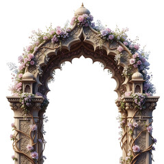 Ornate Stone Archway Adorned With Pink Roses And Delicate White Blossoms Isolated