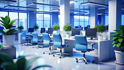 Modern Office Space with Blue Chairs and Plants: A Clean, Bright Workspace for Business, Technology, and Corporate Concepts