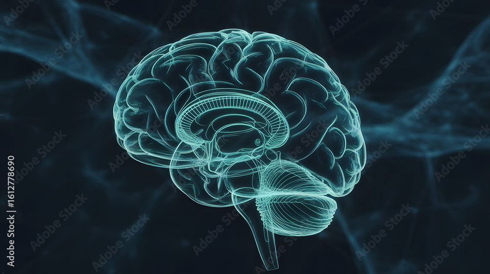 Poster abstract glowing translucent human brain with neural network connections on a dark background