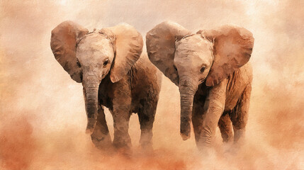 Watercolor baby elephants walking in dusty savannah