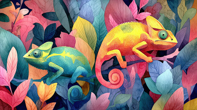 Watercolor chameleons in vibrant rainbow foliage