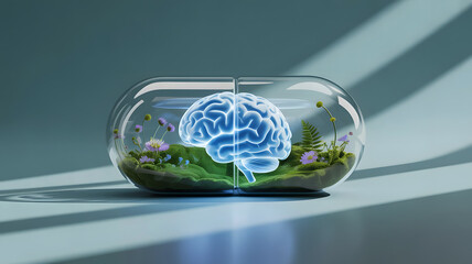 Glowing blue brain hologram inside a clear glass terrarium filled with lush green plants and moss