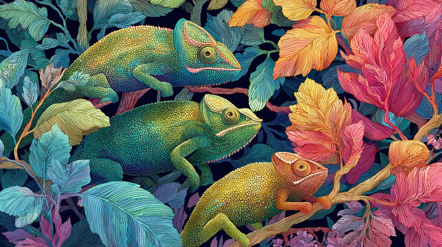 Watercolor chameleons blending into colorful foliage