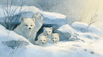 Watercolor illustration of arctic fox family