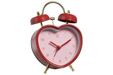 Red heart shaped alarm clock isolated on transparent background