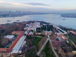 Hagia Sophia and Blue Mosque (Ayasofya ve Sultanahmet Cami) in the Sunset Lights Drone Photo, Suleymaniye Fatih, Istanbul Turkiye (Turkey)
