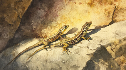 Watercolor lizards basking on sunlit rock