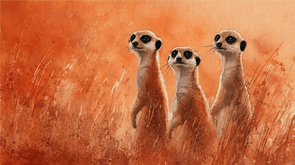 Watercolor meerkats standing alert in dry grasslands