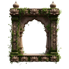 Stone Archway With Lotus Decorations And Lush Green Vines Frame Isolated