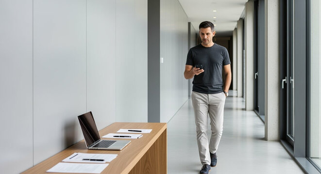 A businessman walks down a modern hallway while checking his phone, papers and a laptop are on a nearby table. - Powered by Adobe