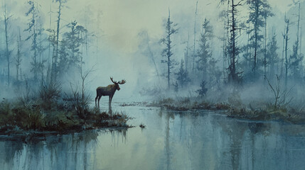 Watercolor moose in foggy swamp