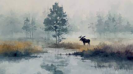 Watercolor Moose in Foggy Swamp