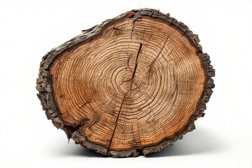 Obraz premium Tree trunk cross-section reveals growth rings etched in aged wood, showcasing nature’s timeline. AI generated. 
