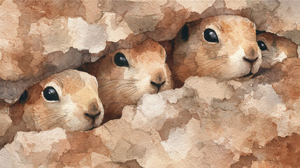 Watercolor prairie dogs peeking from burrows