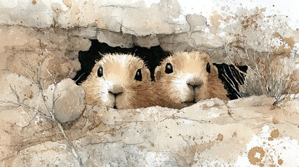 Watercolor prairie dogs peeking out of burrows