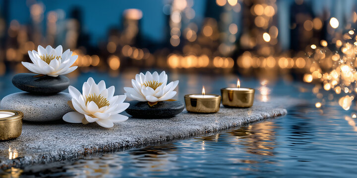 Three white lotus flowers resting on black spa stones, with glowing candles and water reflections, set against a blurred city skyline at dusk with bokeh lights. Ideal for themes of wellness, meditatio