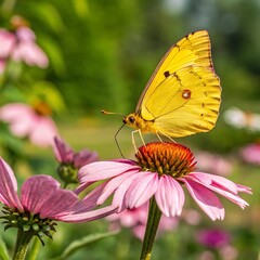 Butterfly resting on a pink flower in a colorful garden during spring and summer