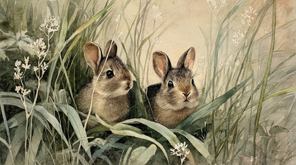 Watercolor painting of rabbits in tall grass