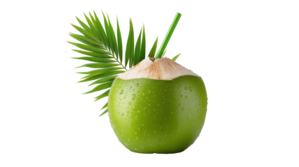 Green coconut isolated on transparent background with water drops and straw
