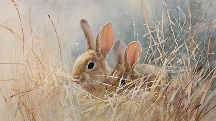 Watercolor rabbits in tall grass
