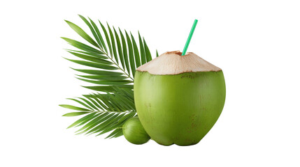 Green coconut with straw isolated on transparent background with palm leaf and fruit