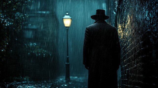 Old film noir cityscape featuring mysterious silhouette under flickering streetlamp on dark, rainy night in urban alley