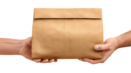 Brown paper bag isolated on transparent background held by two hands in close up view