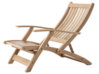 Natural wood deck chair with slatted seat and back
