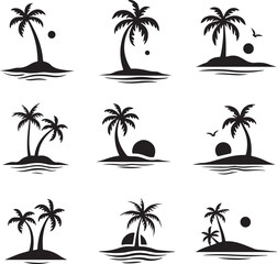 Tropical island vector icon set with palm trees, beach and sunset illustration © Muhammad Foysal