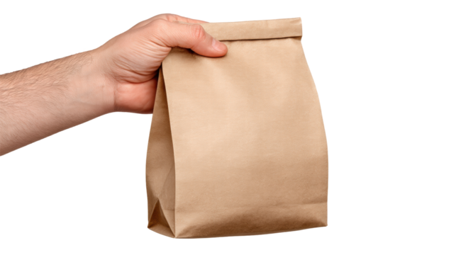 Brown paper bag isolated on transparent background held by hand with natural light