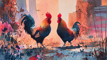 Watercolor scene of roosters in farmyard at dawn