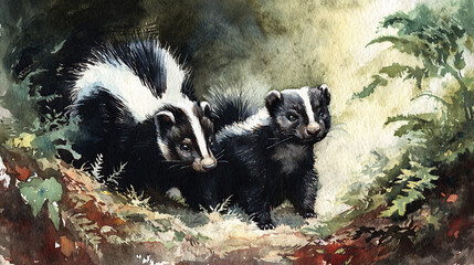 Whimsical watercolor skunks in forest shadows