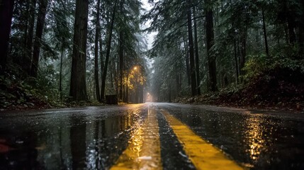Glossy wet forest road with yellow center line, rain reflections under cedar trees, misty atmosphere for travel blogs, book covers, meditation apps