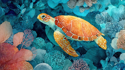 Watercolor sea turtle swimming in coral reef