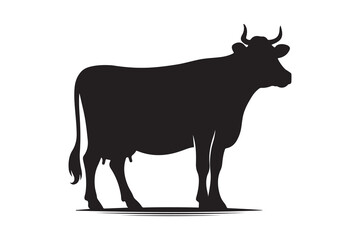 Solid Black Cow Silhouette in Profile on White Background