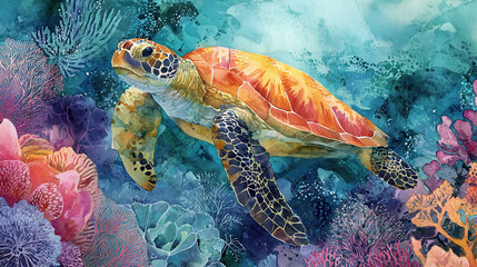 Colorful watercolor sea turtle with coral