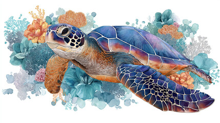 Whimsical watercolor sea turtle in coral reef