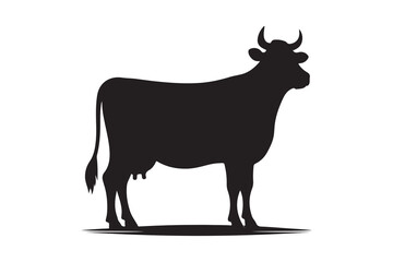 Solid Black Cow Silhouette in Profile on White Background