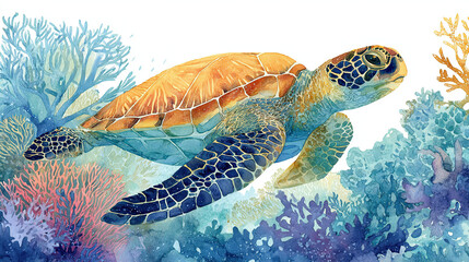 Whimsical watercolor sea turtle with coral