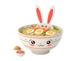 Cute kawaii ramen bowl with bunny ears and egg toppings