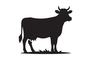 Solid Black Cow Silhouette in Profile on White Background