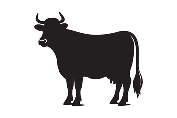 Solid Black Cow Silhouette in Profile on White Background