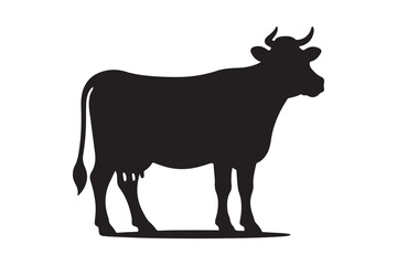 Solid Black Cow Silhouette in Profile on White Background
