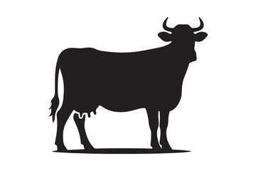 Solid Black Cow Silhouette in Profile on White Background
