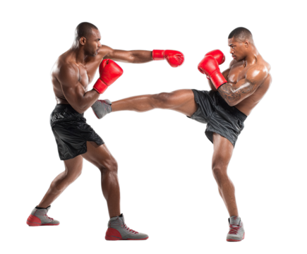 Two fighters in action, one punching, the other kicking