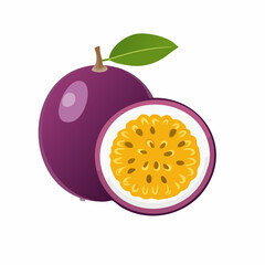 Vibrant passion fruit illustration with a half cut, showcasing its juicy pulp and textures