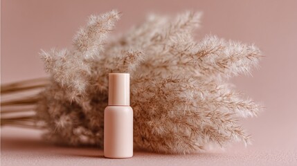 Light beige bottle with dried pampas grass on a blush pink backdrop.