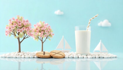 3D render milk, trees, sailboat and cookies on pebbles, Monochrome milk still life, Gingerbread Christmas cookies, created with generative ai