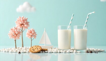3D render milk, trees, sailboat and cookies on pebbles, Monochrome milk still life, Gingerbread Christmas cookies, created with generative ai